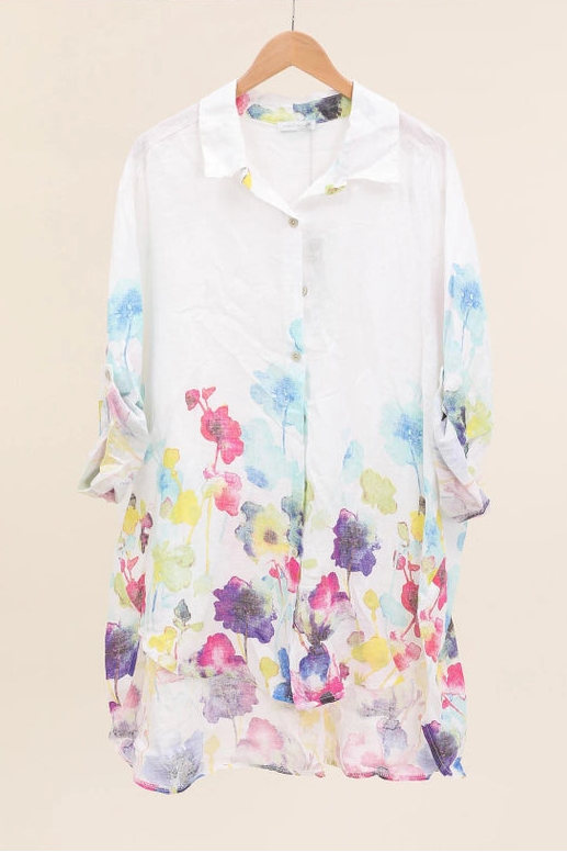 Made In Italy White Floral Print Linen Blouse-Katze Boutique