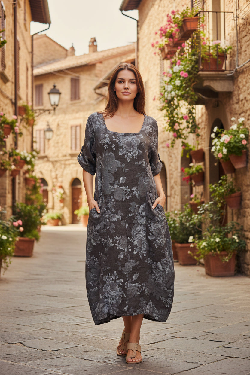 Made In Italy Linen Floral Dress-Katze Boutique