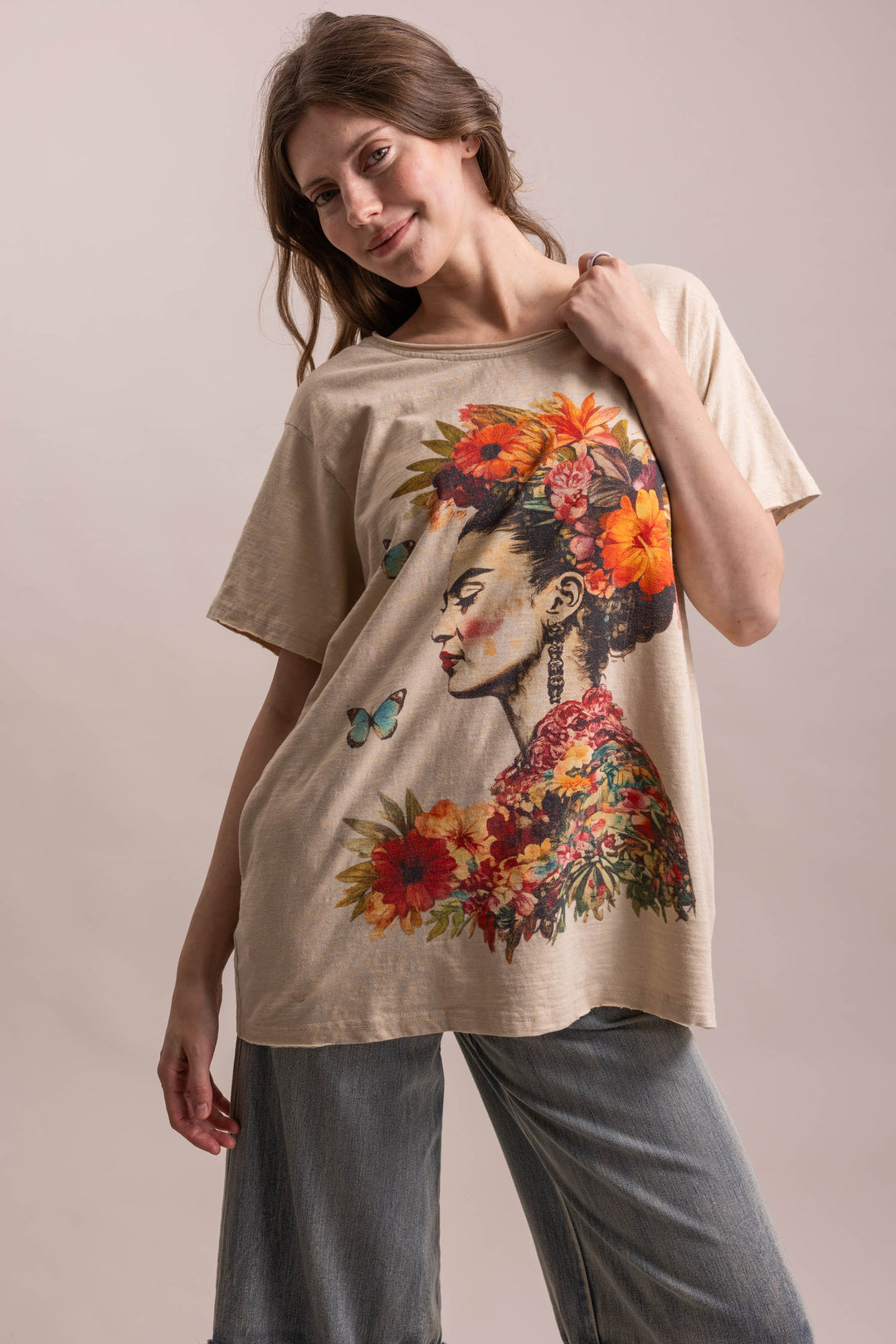 BlueVelvet Floral Portrait Graphic Short Sleeve T Shirt-Katze Boutique