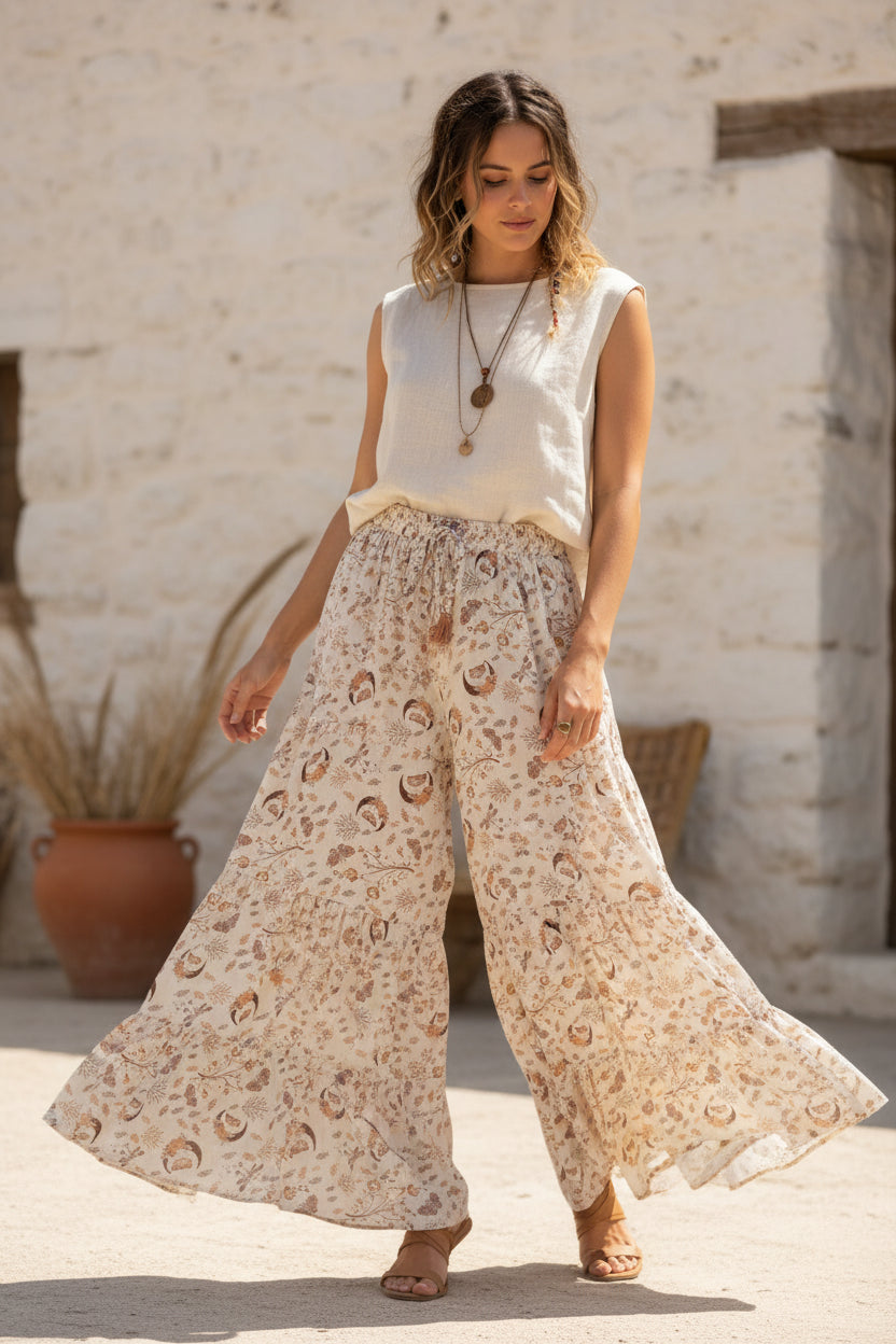 Flowy Celestial Wide Leg Boho Witchy Pants-Katze Boutique