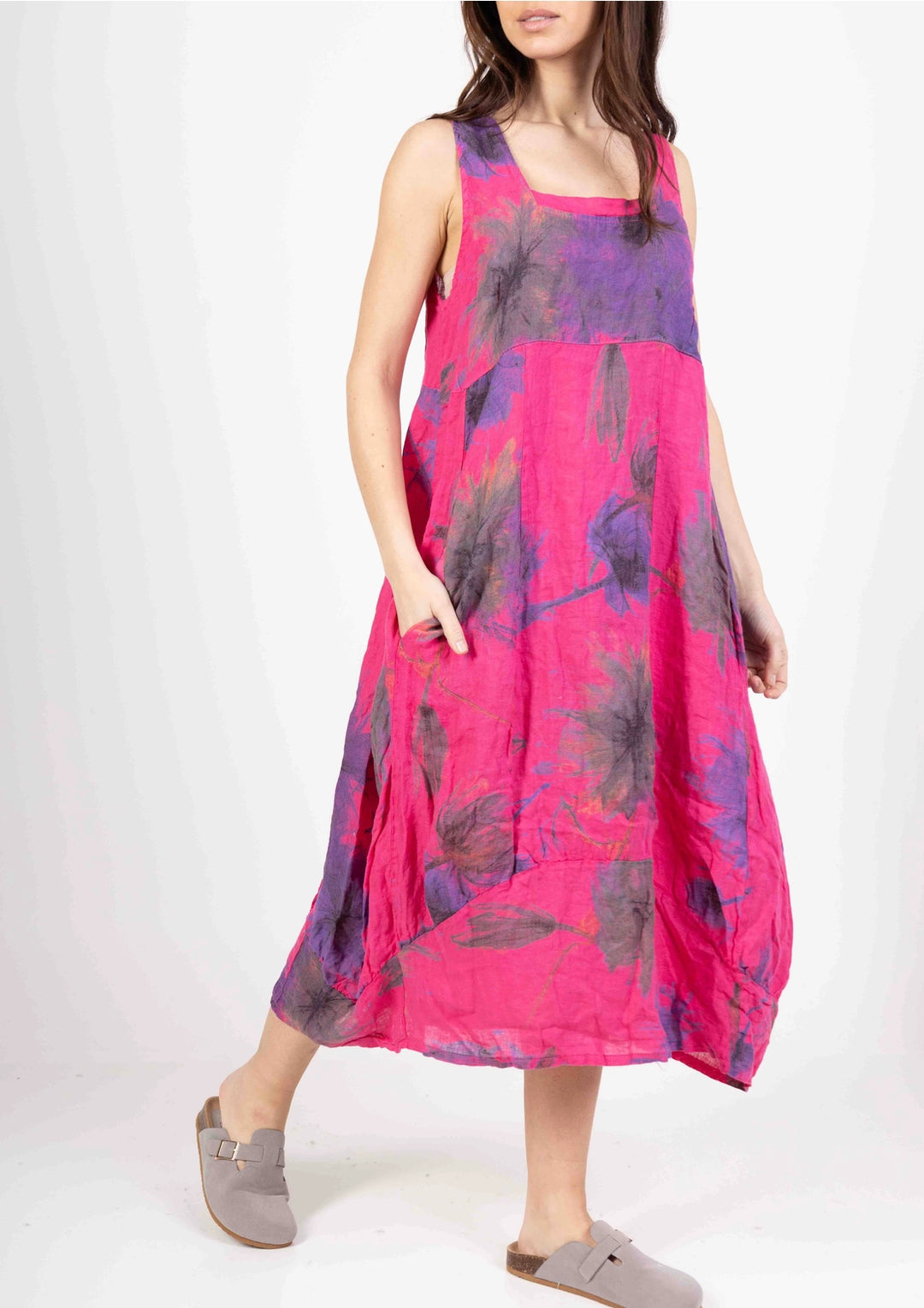 Linen Sleeveless Floral Balloon Dress-Katze Boutique