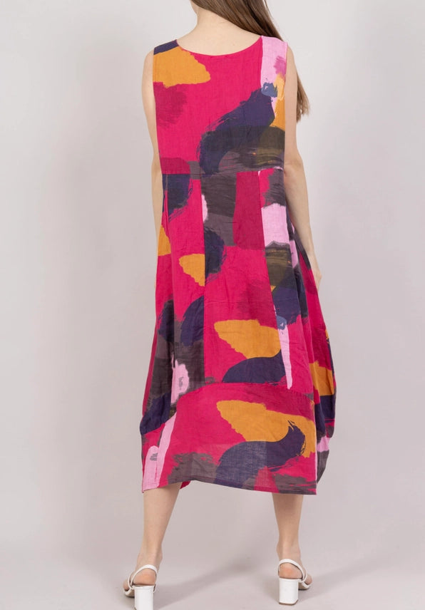 Abstract Artistic Print Linen Dress-Katze Boutique