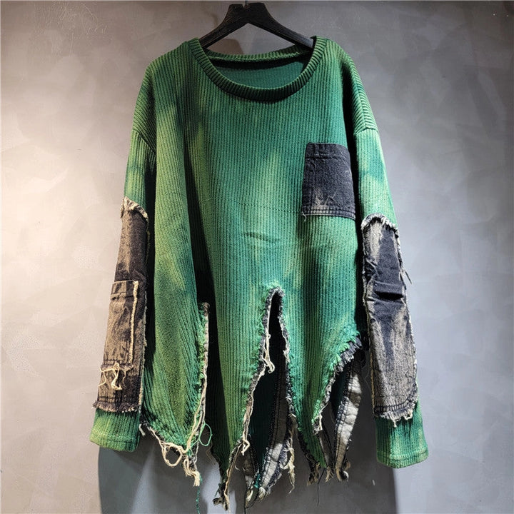 Tie-Dye Patchwork Sweater with Distressed Hem