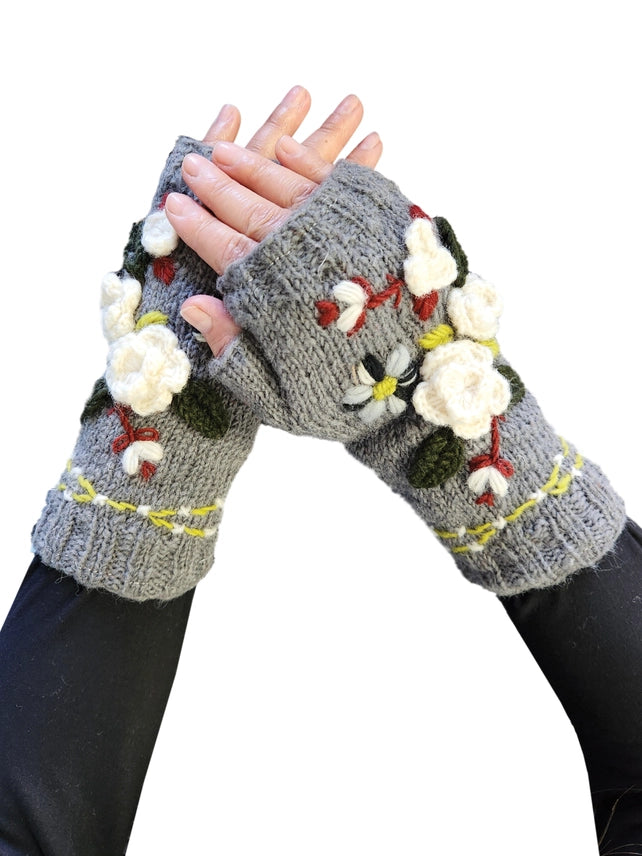 Handmade Knit Fingerless Floral Gloves-Katze Boutique