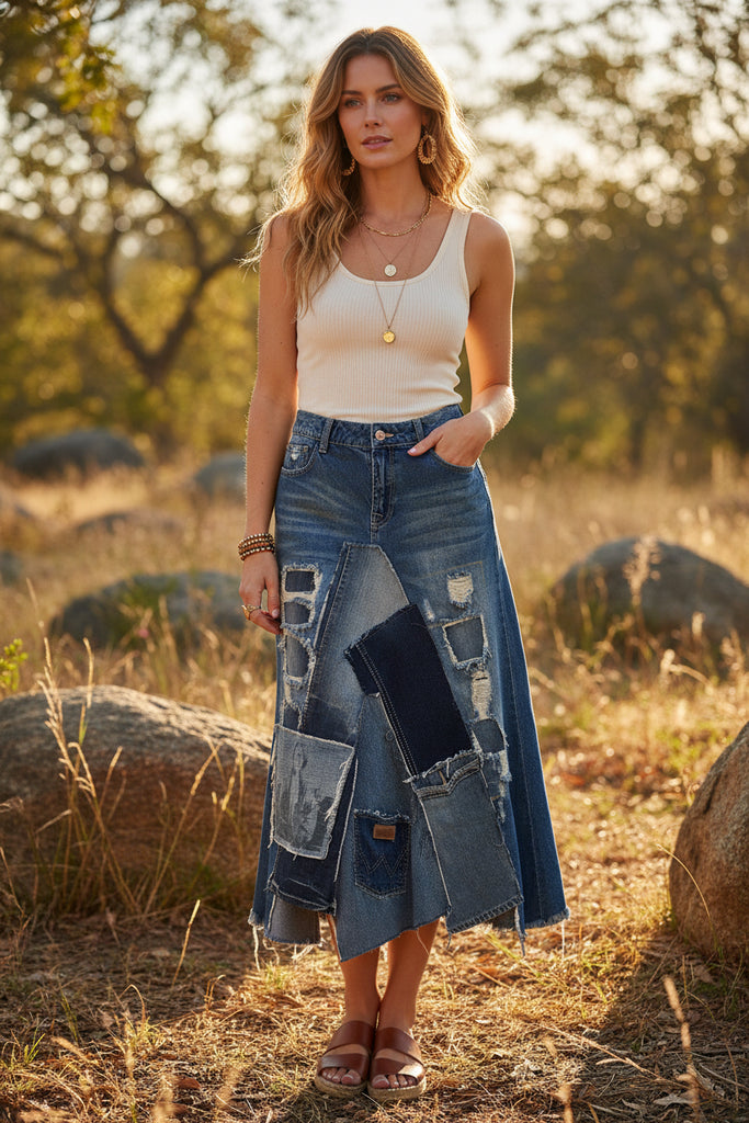 Upcycled Patched Denim Skirt | Katze Boutique