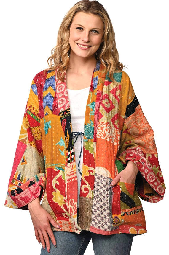 Multicolor Cotton Kantha Kimono Jacket-Katze Boutique