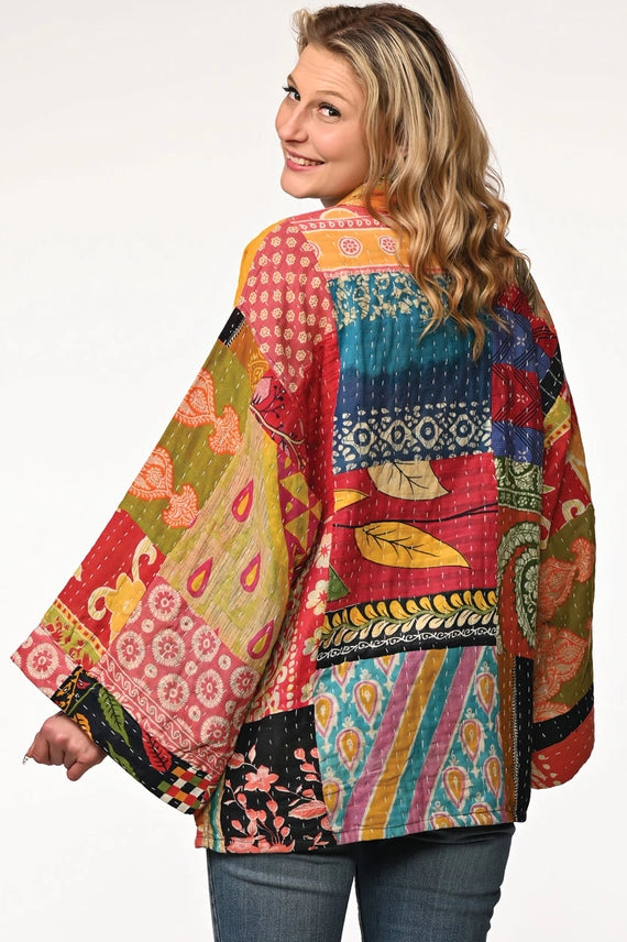 Multicolor Cotton Kantha Kimono Jacket-Katze Boutique