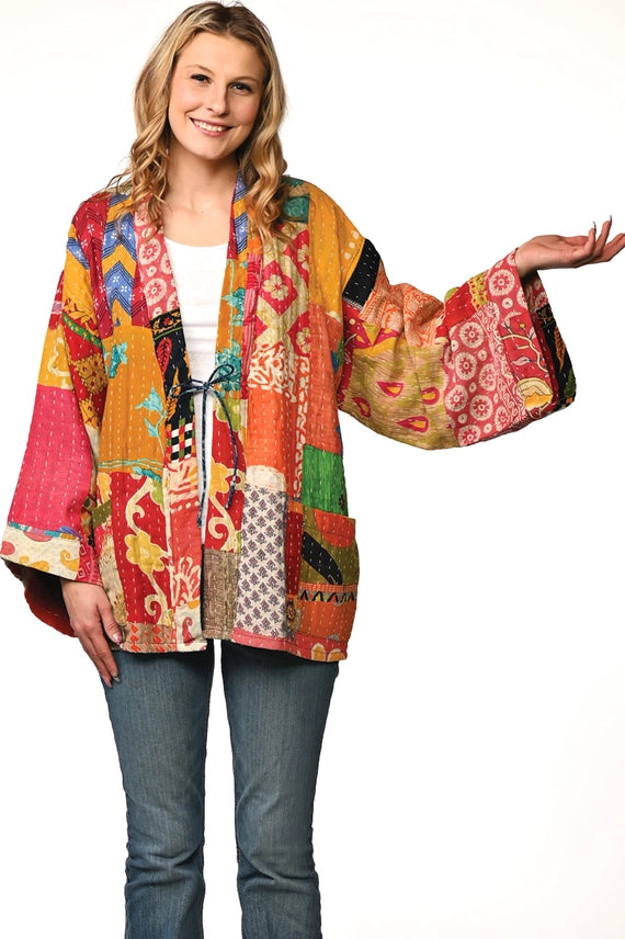 Multicolor Cotton Kantha Kimono Jacket-Katze Boutique