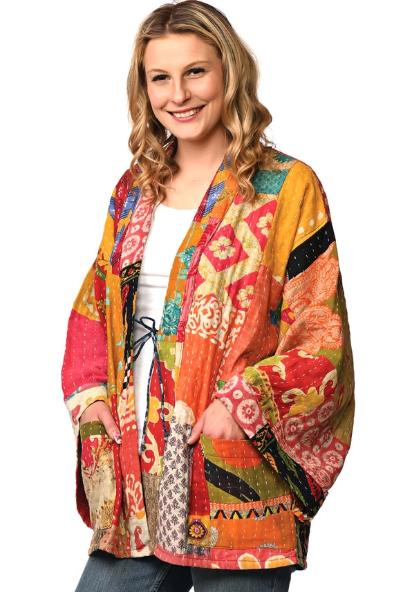 Multicolor Cotton Kantha Kimono Jacket-Katze Boutique
