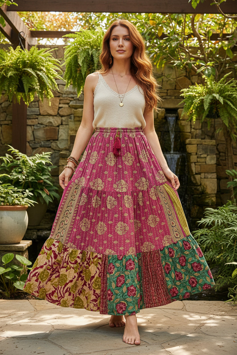 Kantha Boho Long Cotton Skirt -Katze Boutique