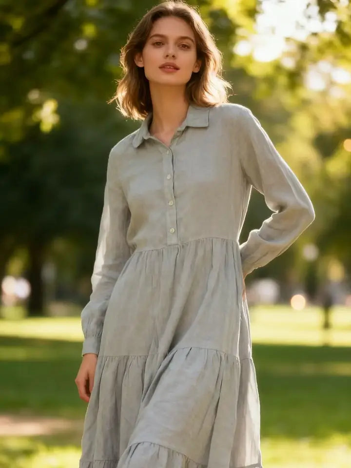 Long Sleeves Tiered Maxi Linen Dress-Katze Boutique