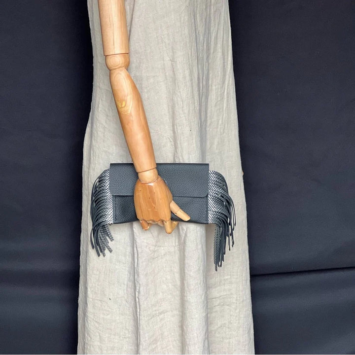 Handmade Leather Fringe Black Clutch-Katze Boutique