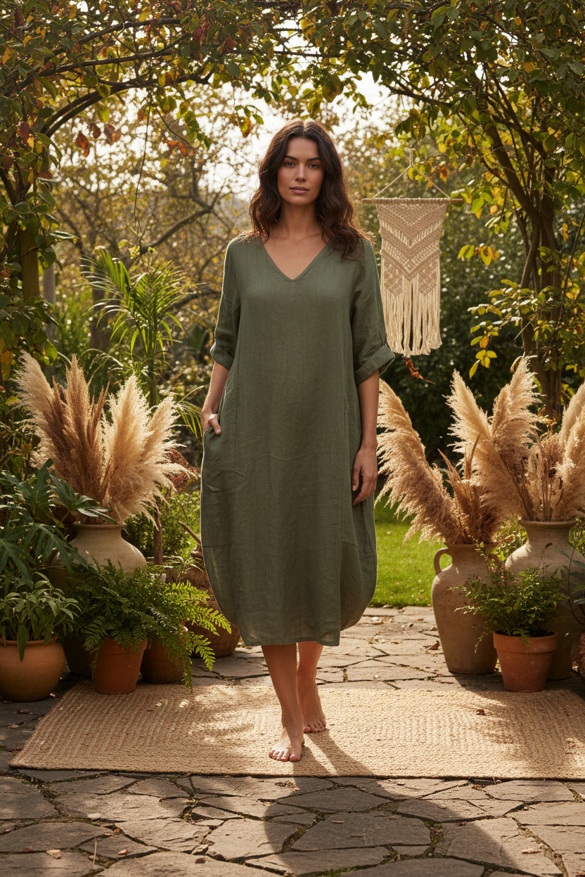 Made In Italy Linen V-Neck Long Dress-Katze Boutique