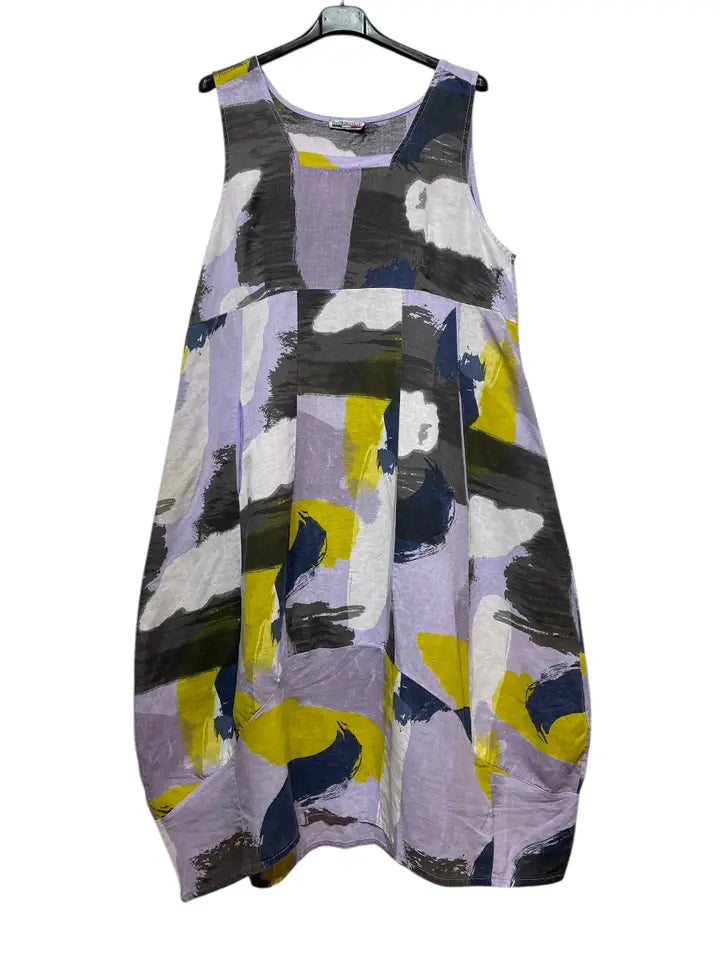 Abstract Artistic Print Linen Dress-Katze Boutique