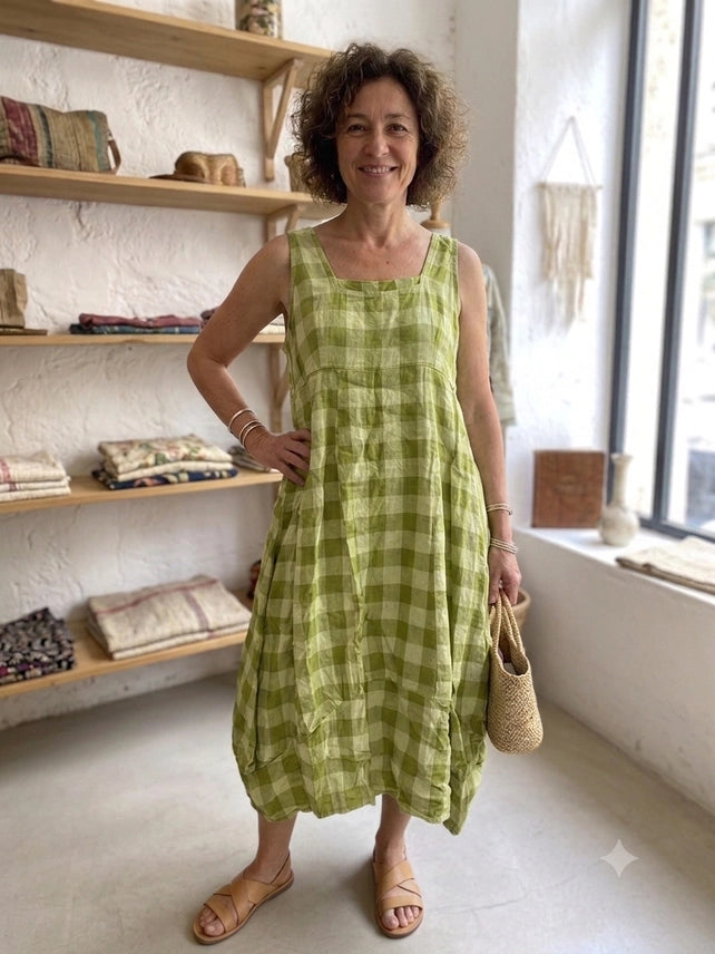 Colette 100% Linen Plaid Sleeveless Dress – Side Pockets, Made in Italy