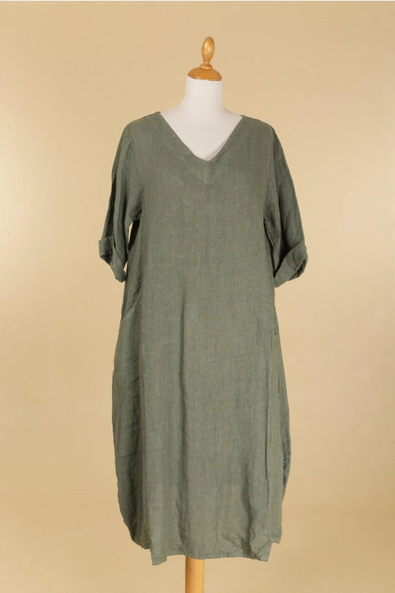 Made In Italy Linen V-Neck Long Dress-Katze Boutique