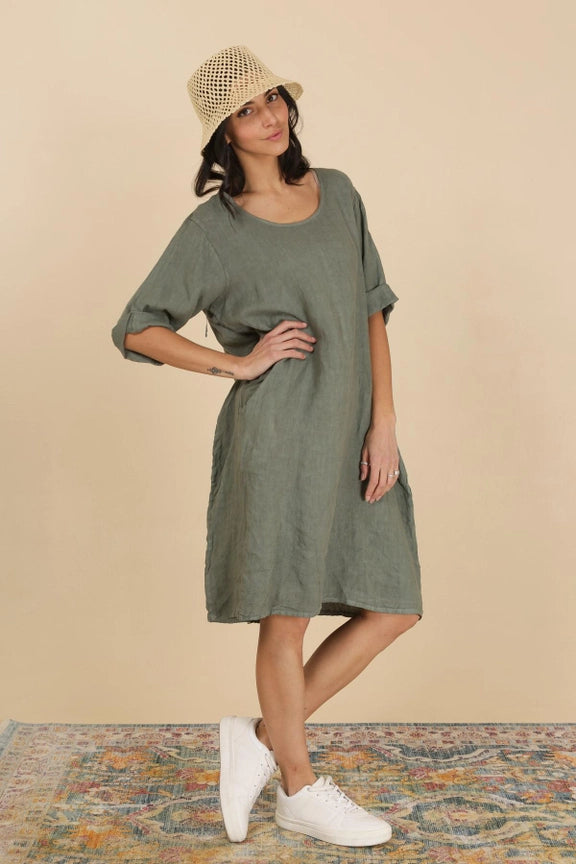 Colette Made in Italy Green Linen Midi Dress | Katze Boutique