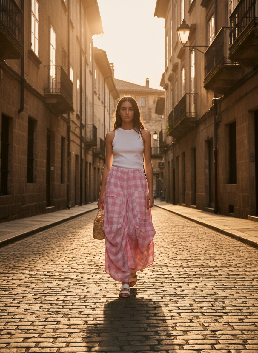 Linen Skirt With Pockets Gingham Check-Katze Boutique