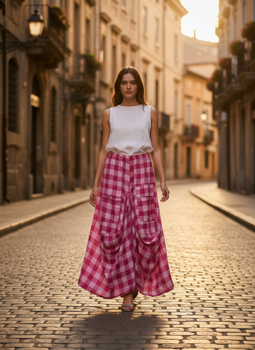 Linen Skirt With Pockets Gingham Check-Katze Boutique