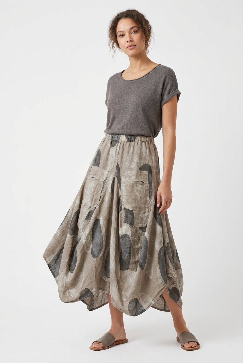 Made In Italy Linen Skirt With Pockets Round Print