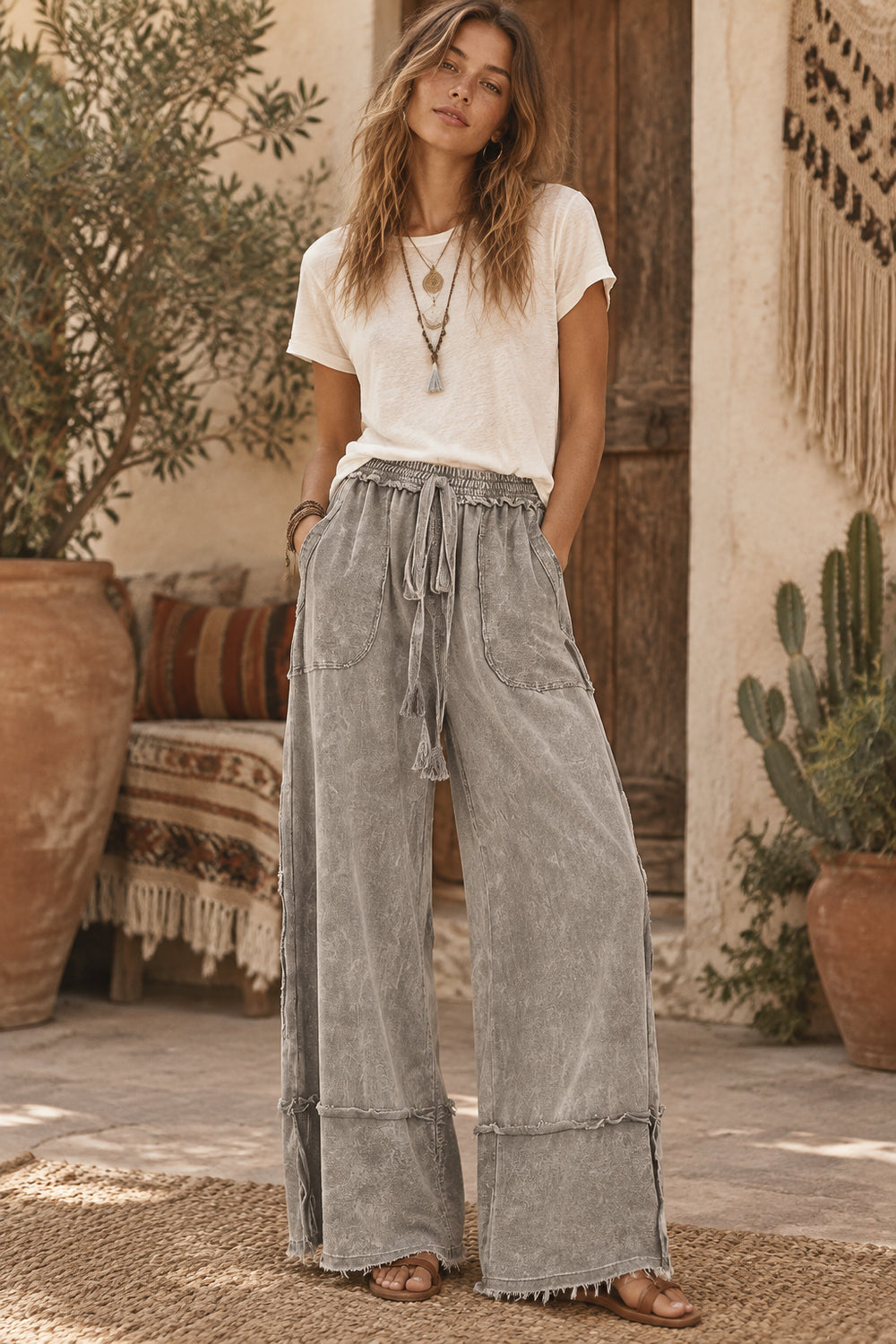J.Her Mineral Wash Raw Hem Pants-Katze Boutique