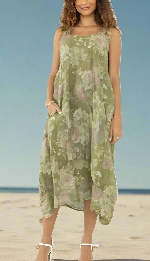Made In Italy Linen Floral Sleeveless Dress-Katze Boutique