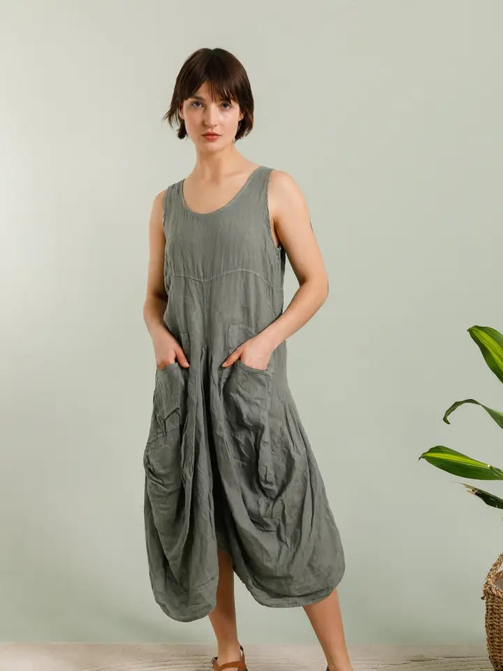Made In Italy Pocket Linen Dress-Katze Boutique
