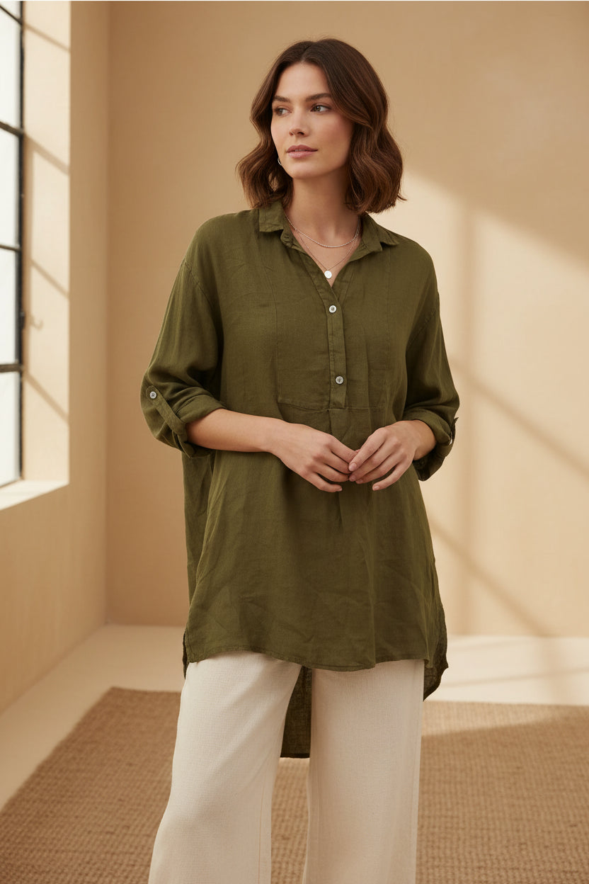 Made In Italy Buttoned Hi-Low Linen Tunic-Katze Boutique