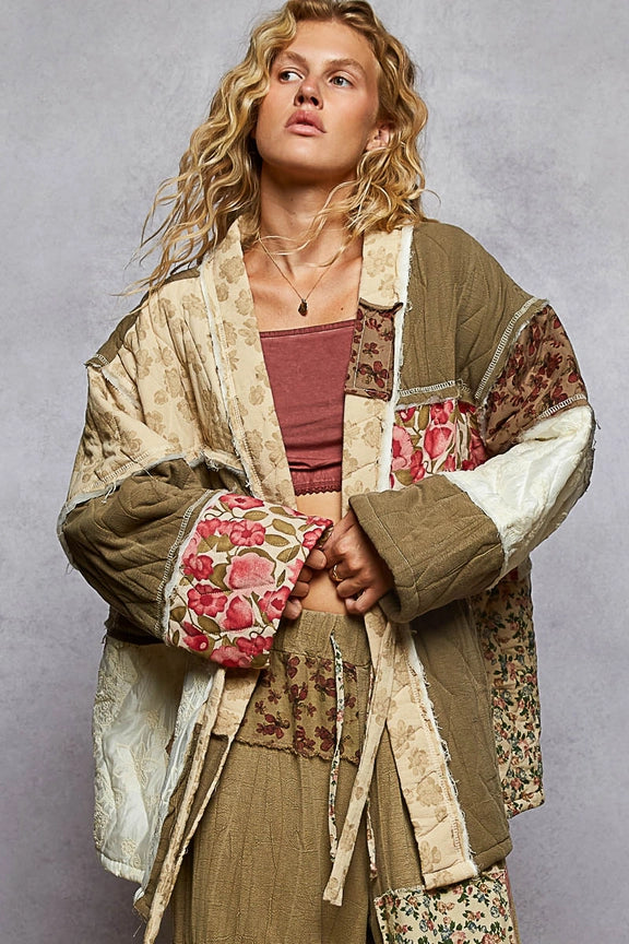 POL Long Sleeve Patchwork Quilted Kimono Jacket-Katze Boutique