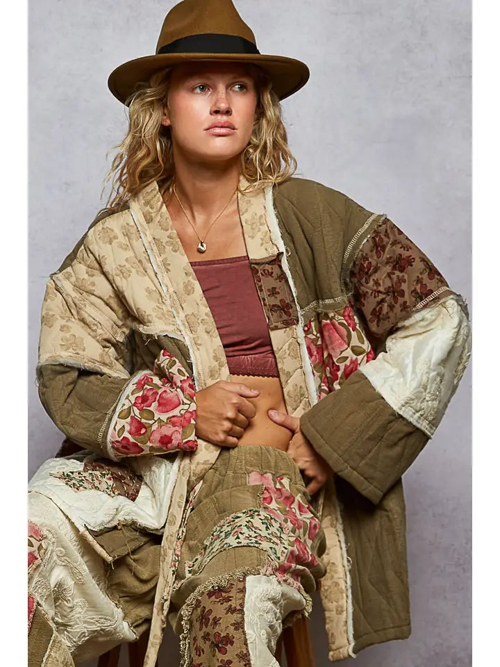 POL Long Sleeve Patchwork Quilted Kimono Jacket-Katze Boutique