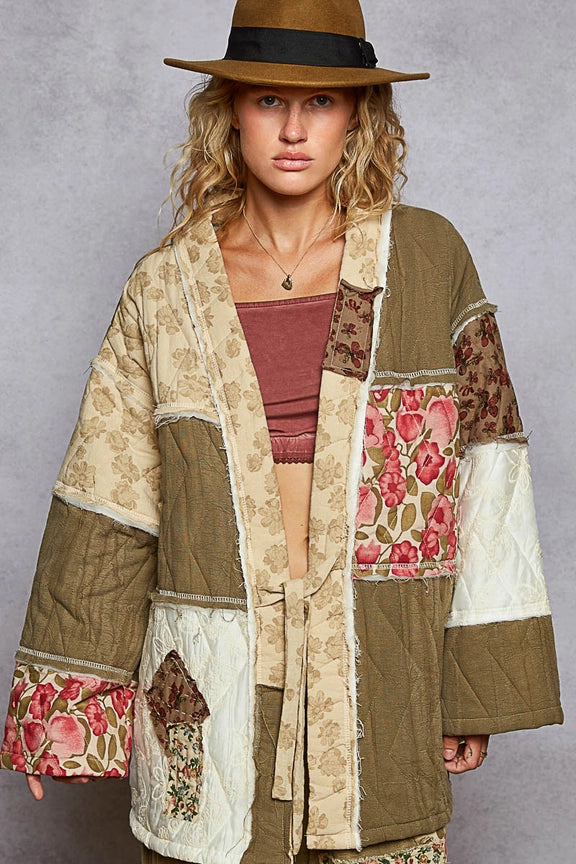 POL Long Sleeve Patchwork Quilted Kimono Jacket-Katze Boutique
