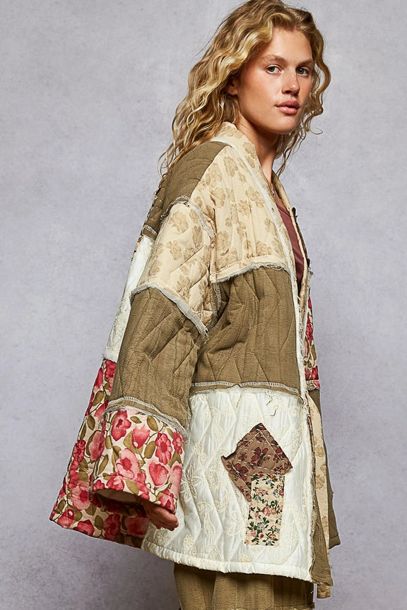 POL Long Sleeve Patchwork Quilted Kimono Jacket-Katze Boutique