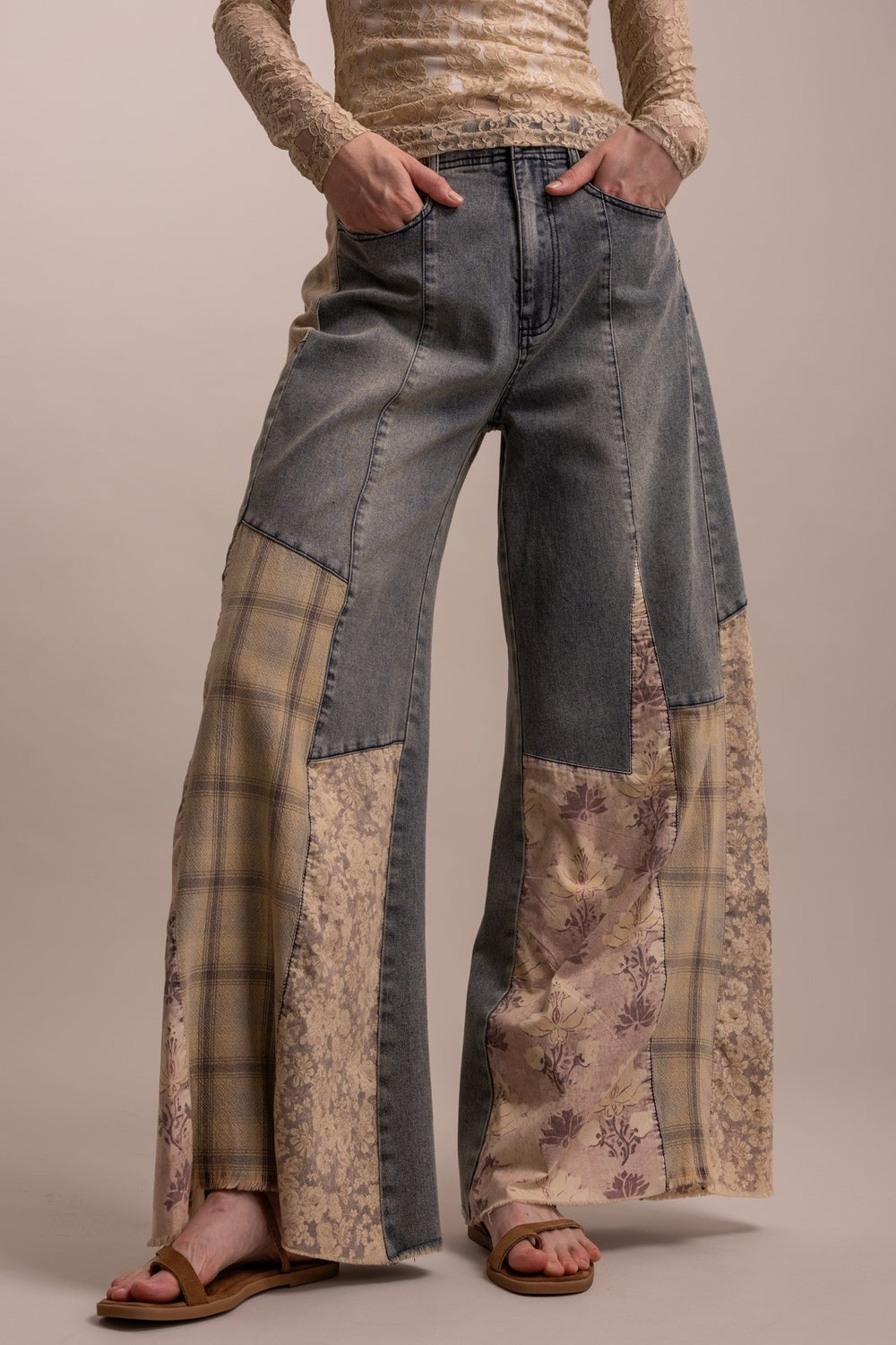 BlueVelvet Patchwork Denim Wide Leg Pants | Katze Boutique