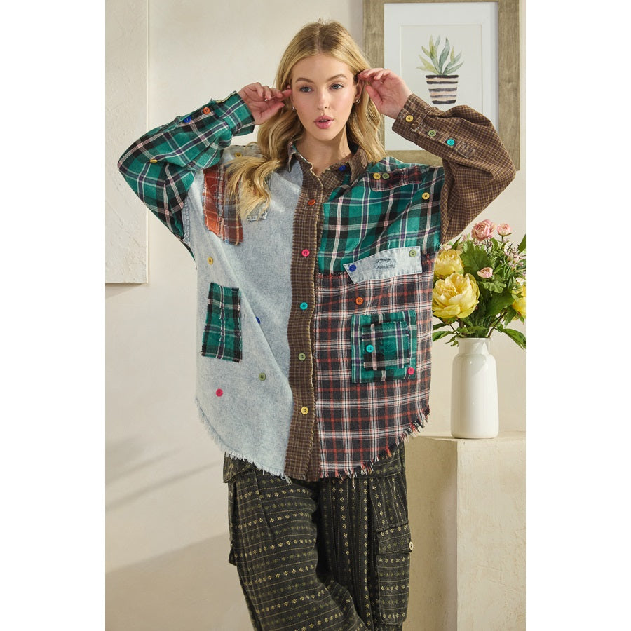 Oli And Hali Color Block Patchwork Plaid Shirt-Katze Boutique