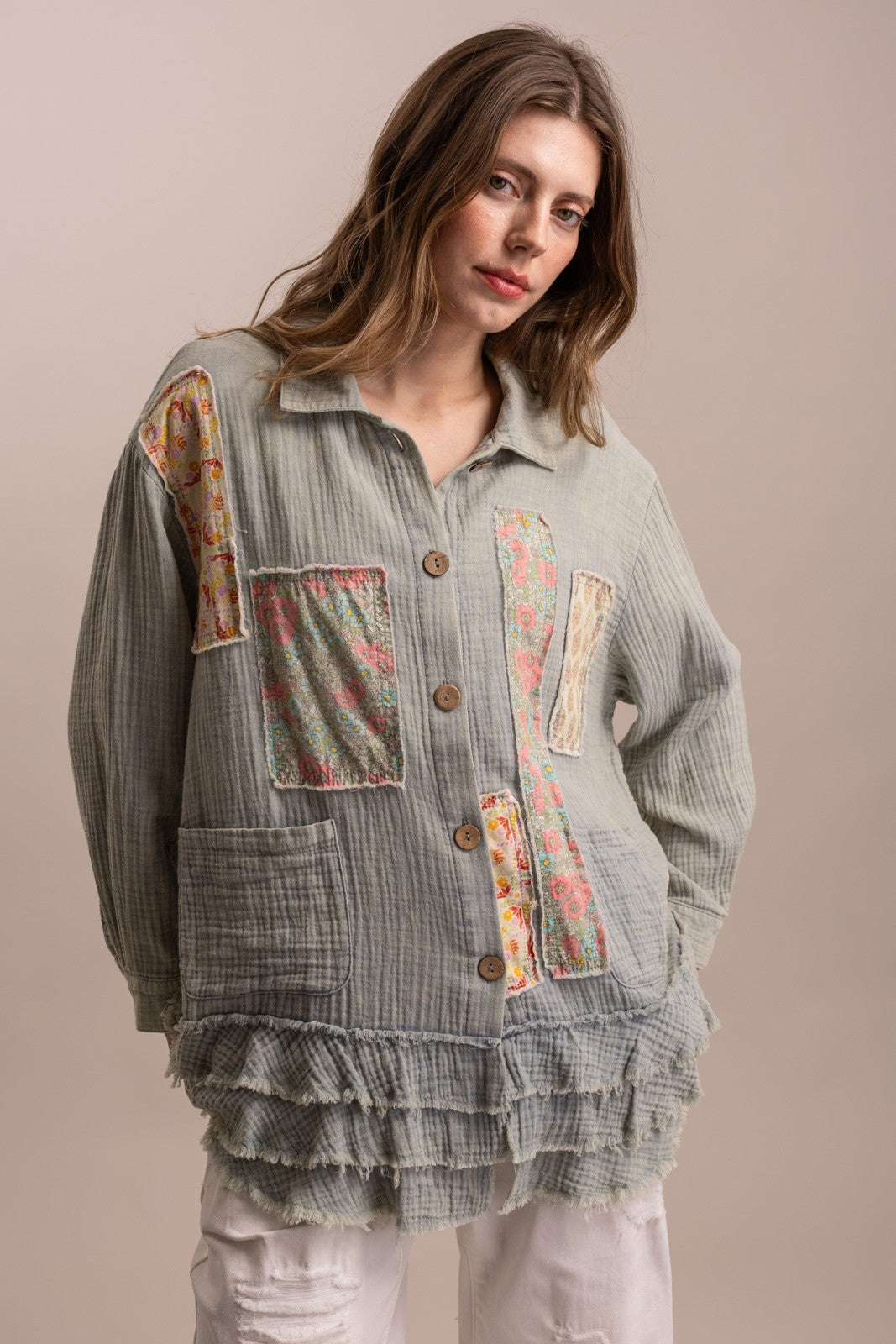 Blue Velvet Patchwork Ruffle Hem Shirt | Katze Boutique
