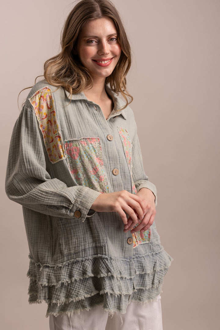 Blue Velvet Patchwork Ruffle Hem Shirt | Katze Boutique