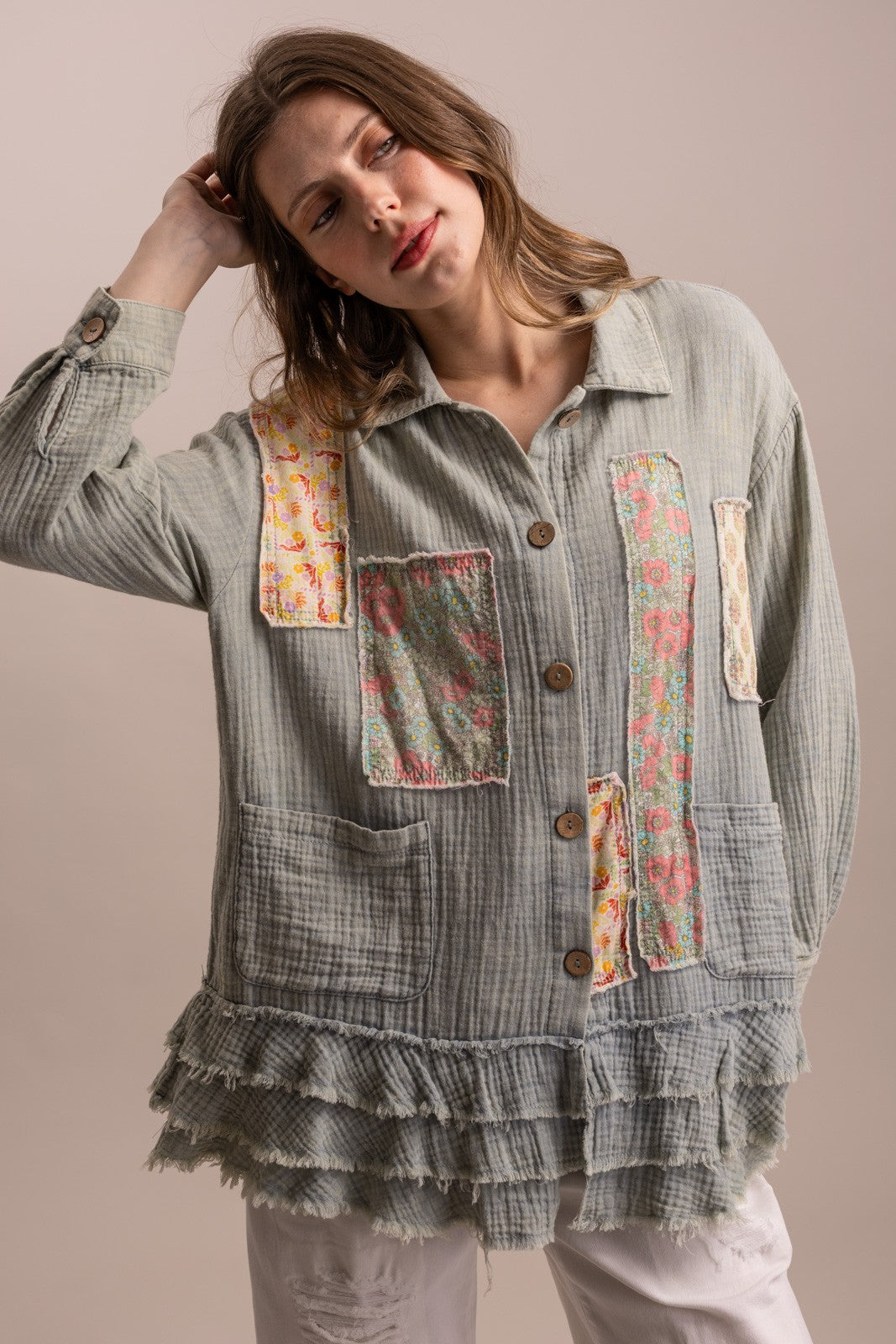 Blue Velvet Patchwork Ruffle Hem Shirt | Katze Boutique