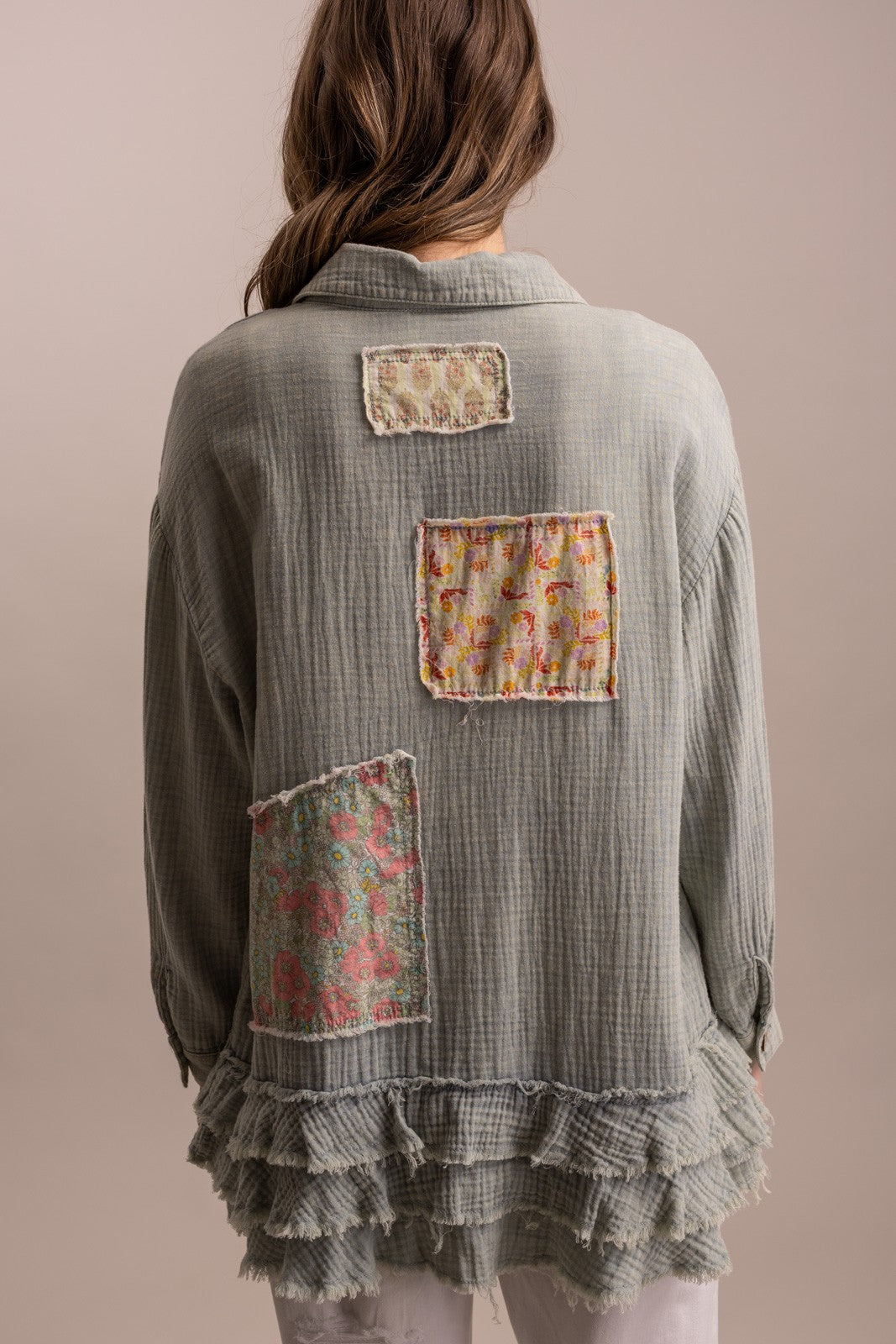 Blue Velvet Patchwork Ruffle Hem Shirt | Katze Boutique