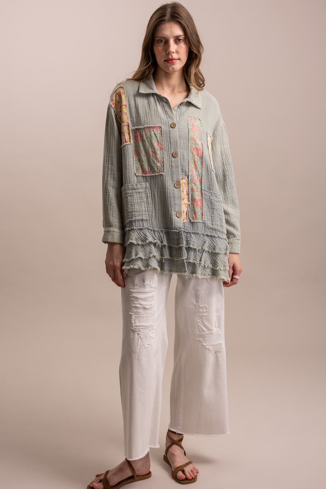 Blue Velvet Patchwork Ruffle Hem Shirt | Katze Boutique