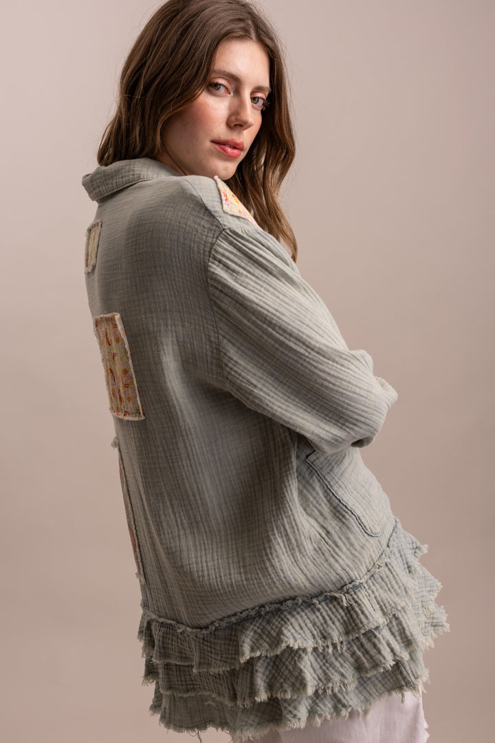 Blue Velvet Patchwork Ruffle Hem Shirt | Katze Boutique