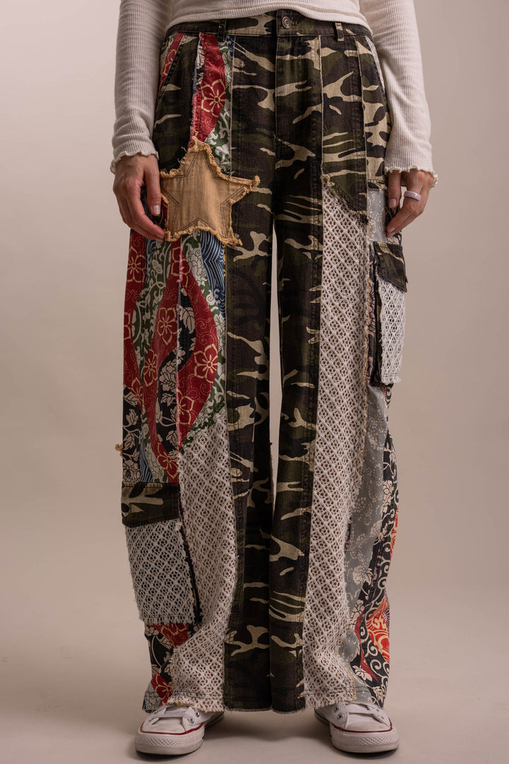 Bluevelvet Patchwork Wide Leg Camo Prints Pants-Katze Boutique
