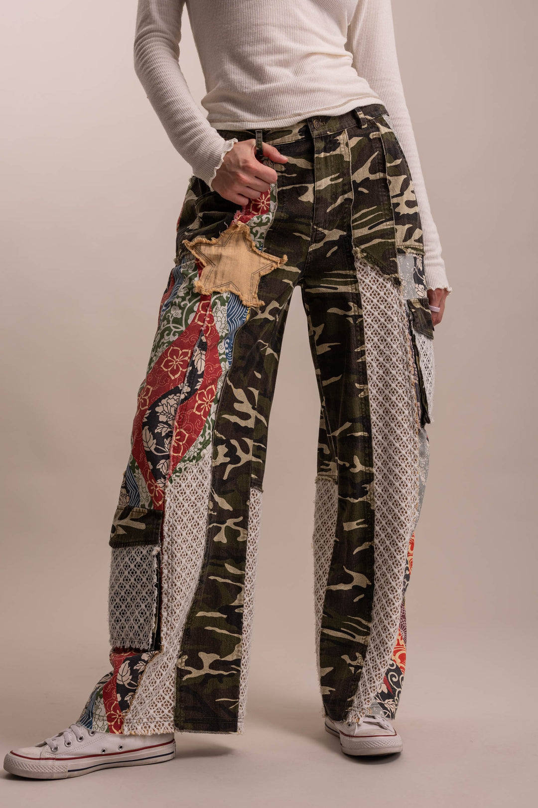 Bluevelvet Patchwork Wide Leg Camo Prints Pants-Katze Boutique