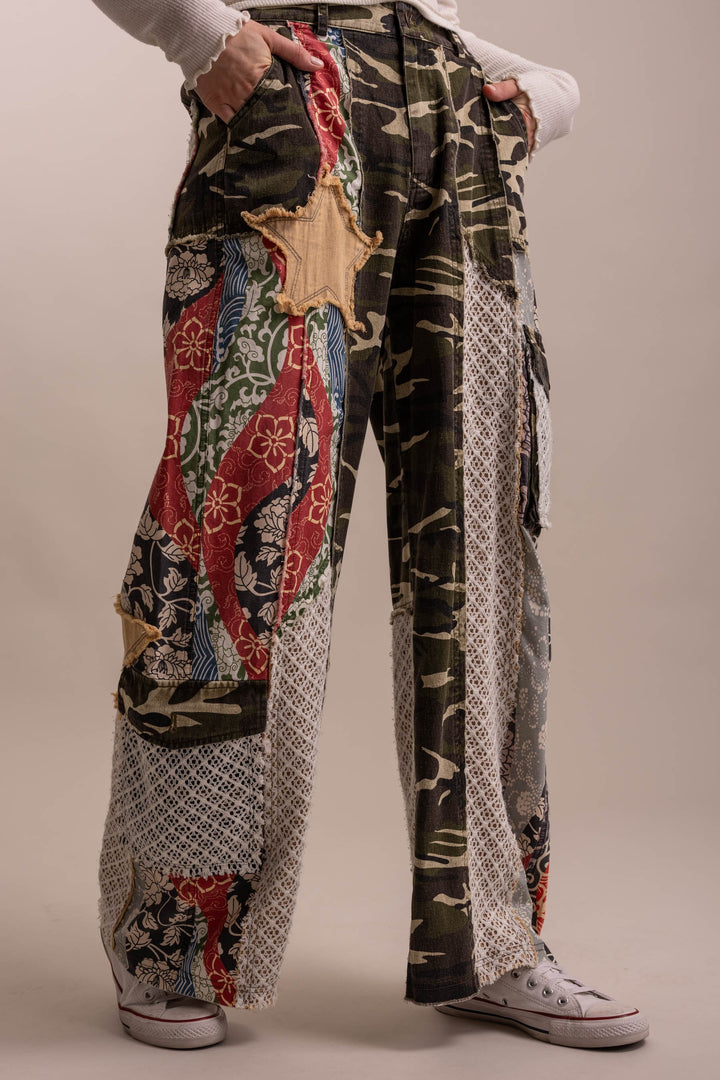 Bluevelvet Patchwork Wide Leg Camo Prints Pants-Katze Boutique