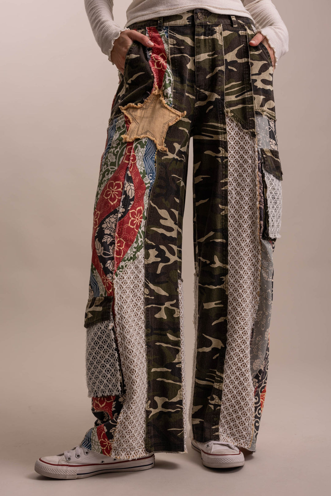 Bluevelvet Patchwork Wide Leg Camo Prints Pants-Katze Boutique