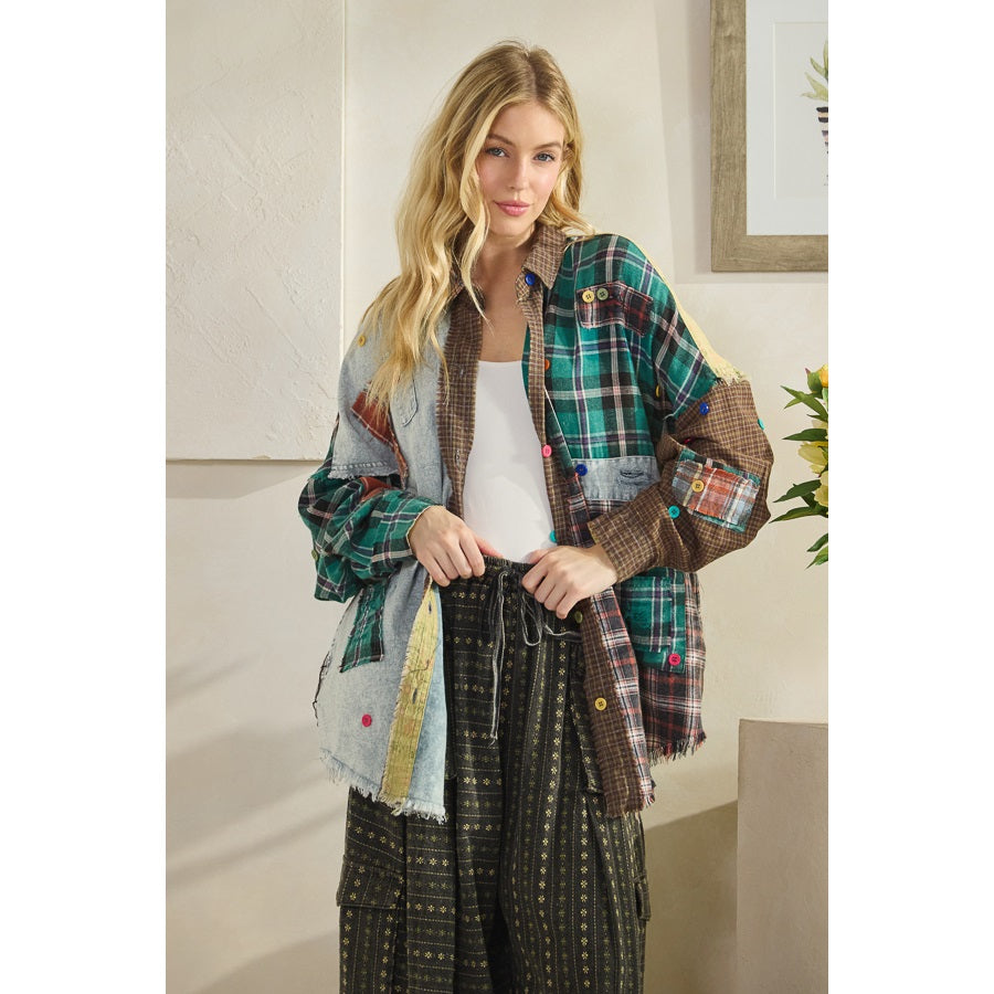 Oli And Hali Color Block Patchwork Plaid Shirt-Katze Boutique