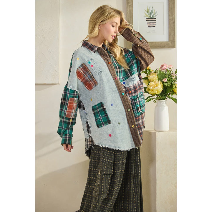 Oli And Hali Color Block Patchwork Plaid Shirt-Katze Boutique