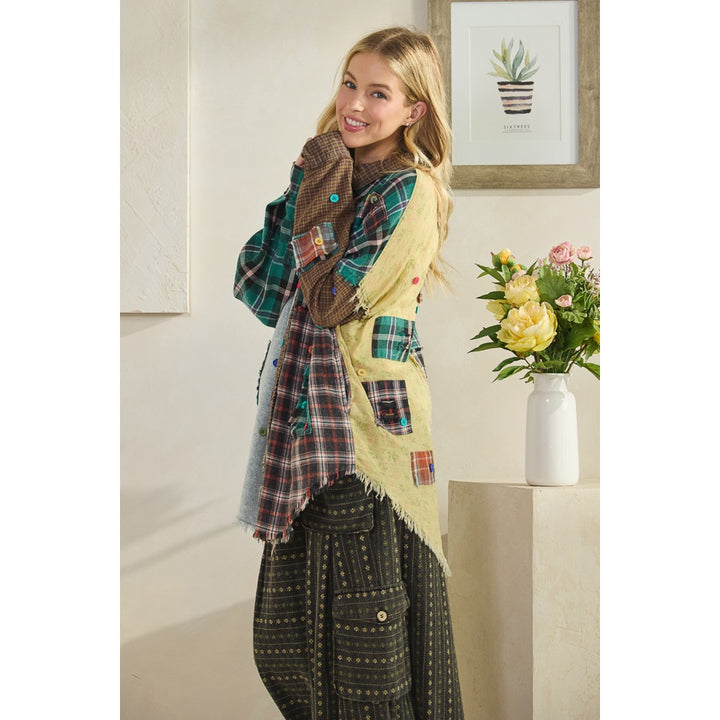 Oli And Hali Color Block Patchwork Plaid Shirt-Katze Boutique