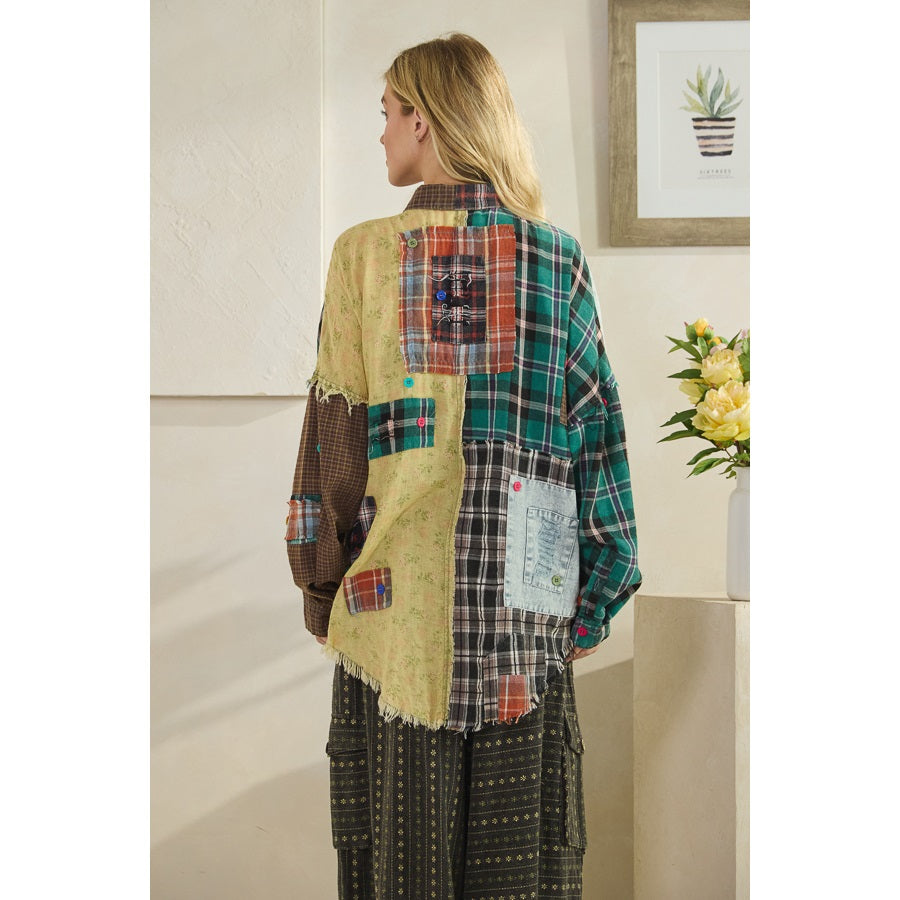 Oli And Hali Color Block Patchwork Plaid Shirt-Katze Boutique