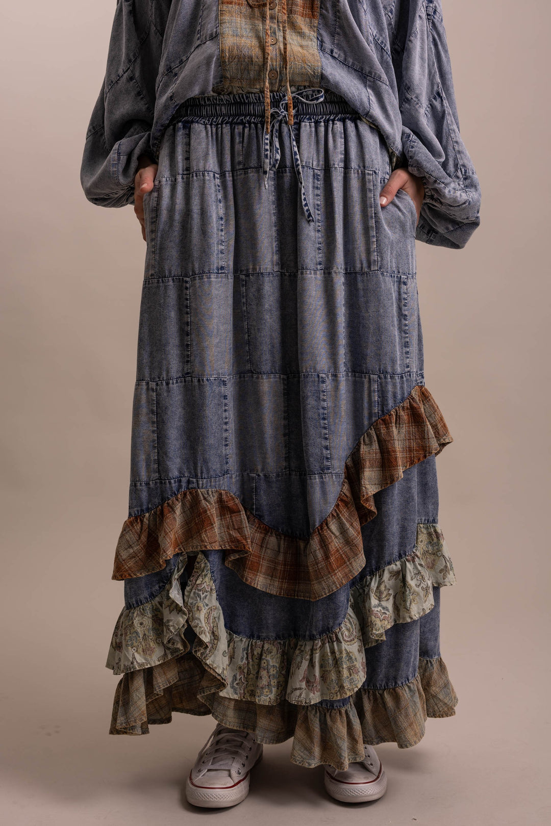 Bluevelvet Patchwork Asymmetrical Ruffle Hem  Skirt