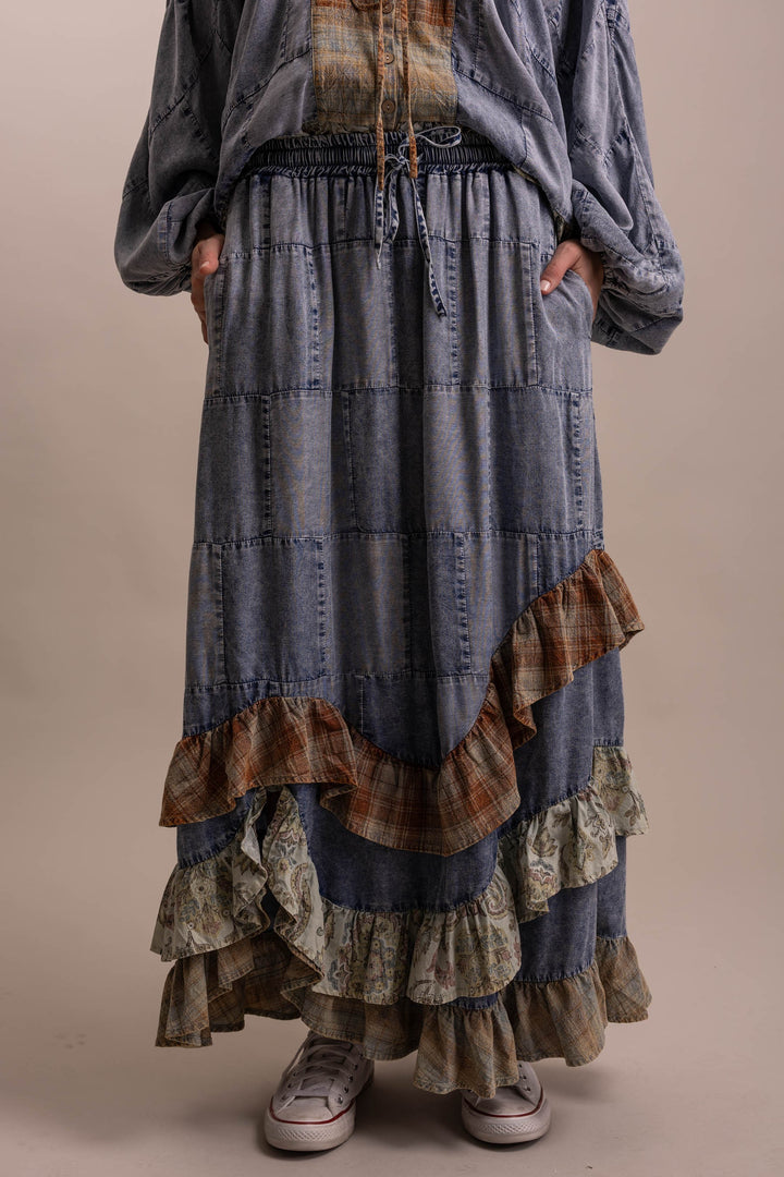 Bluevelvet Patchwork Asymmetrical Ruffle Hem  Skirt